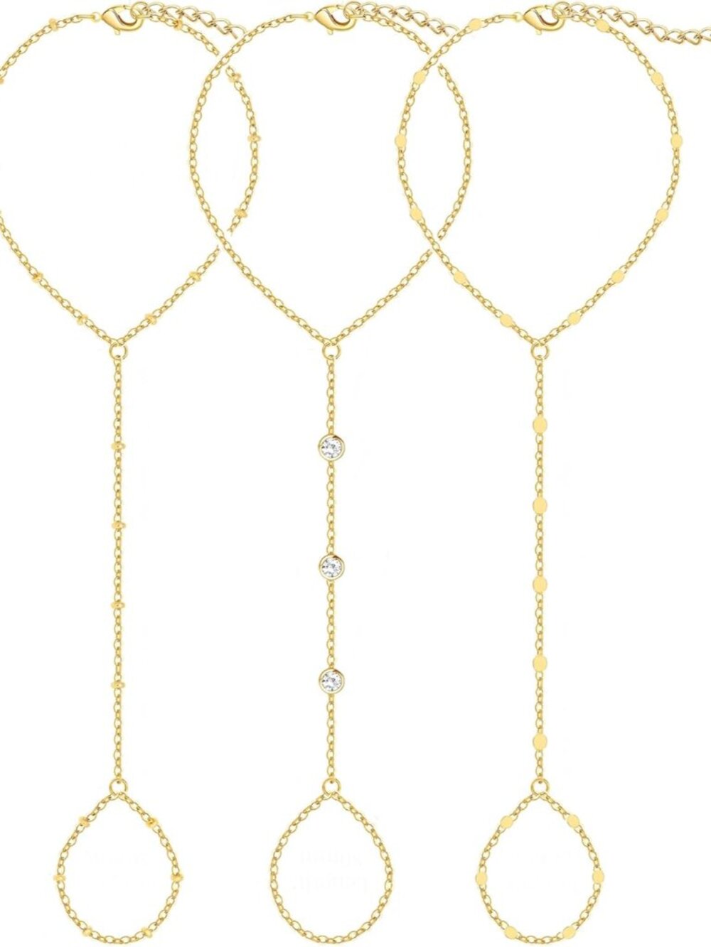 3PCS 14K Gold-Plated Hand Chain Bracelets for Women, Stack Bracelets Set Adjusta